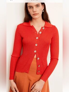 Vince Ribbed Collar Button Front Cardigan Sweater in Burnt Orchid Size Large